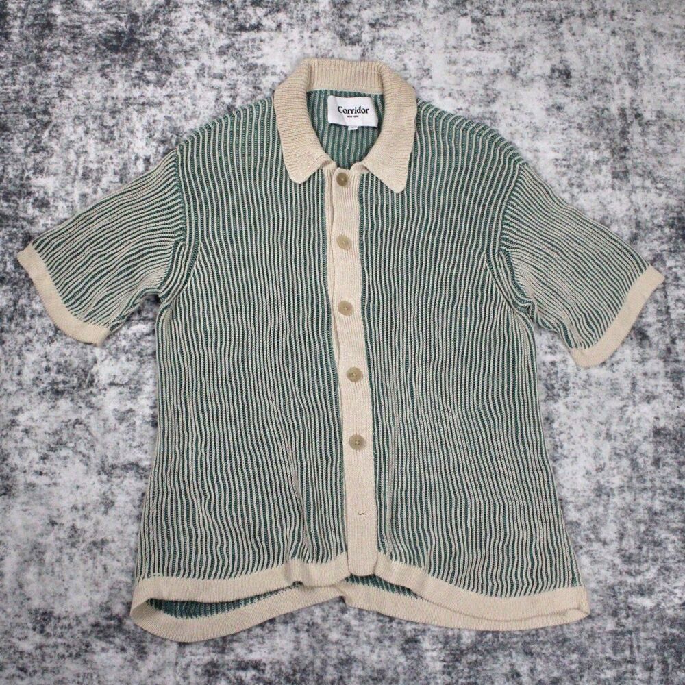 Corridor Mens Size L Plated Open-Knit Cotton Button Up Shirt Short Sleeve*Flaws*